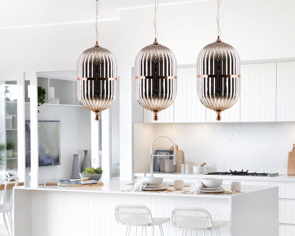 Smoke Gray Ribbed Glass Pendant Light: Nordic Style Chandelier