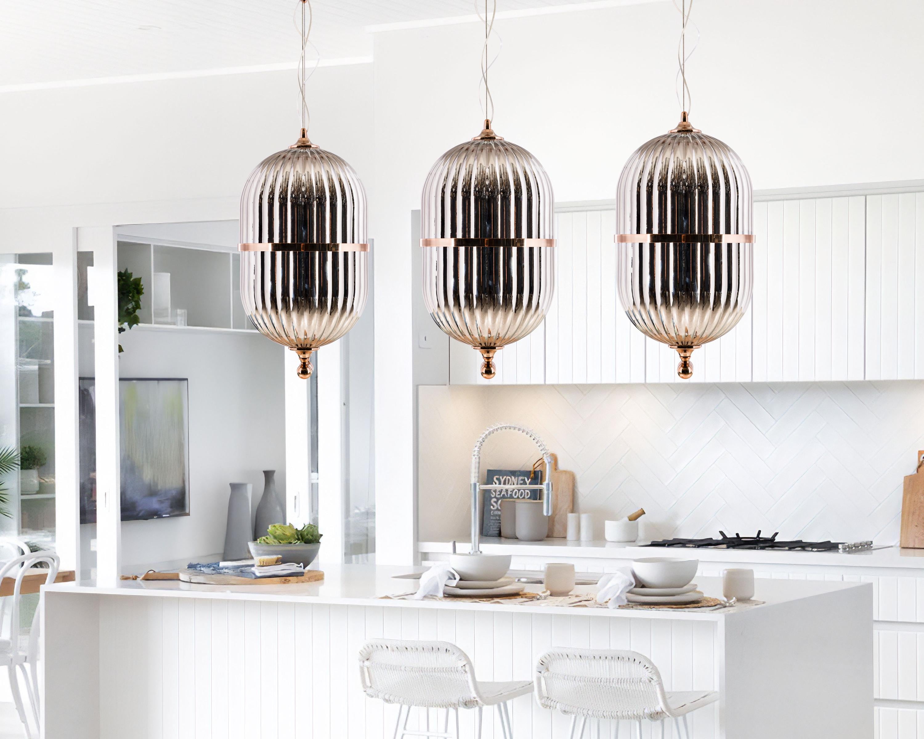 Smoke Gray Ribbed Glass Pendant Light: Nordic Style Chandelier
