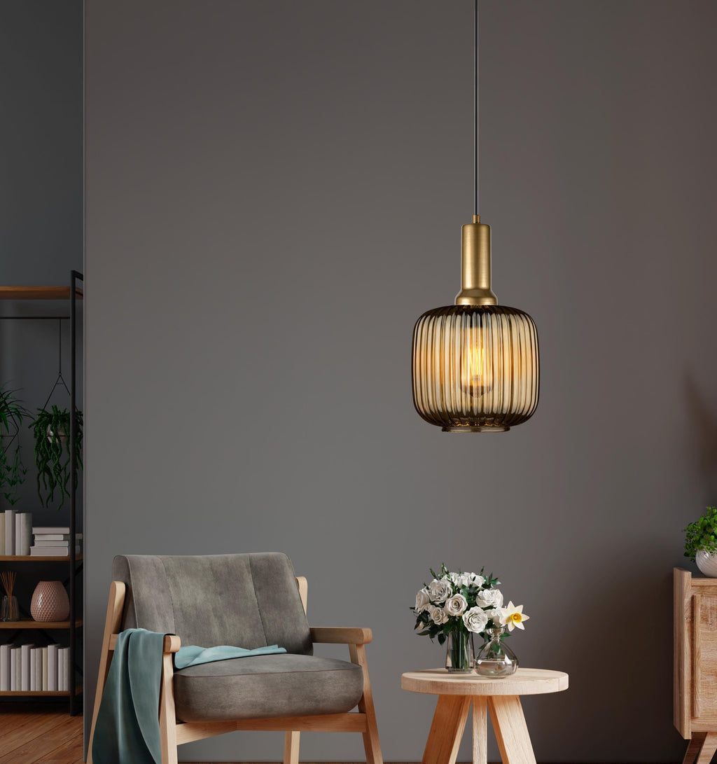 Amber Ribbed Glass Pendant Light: Modern Minimalist Lighting