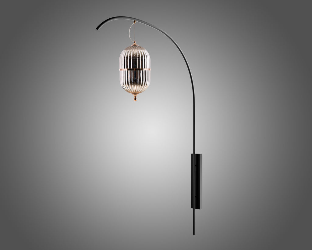 XL Smoked Gray Glass Wall Sconce: Black-Brass Minimalist Lamp