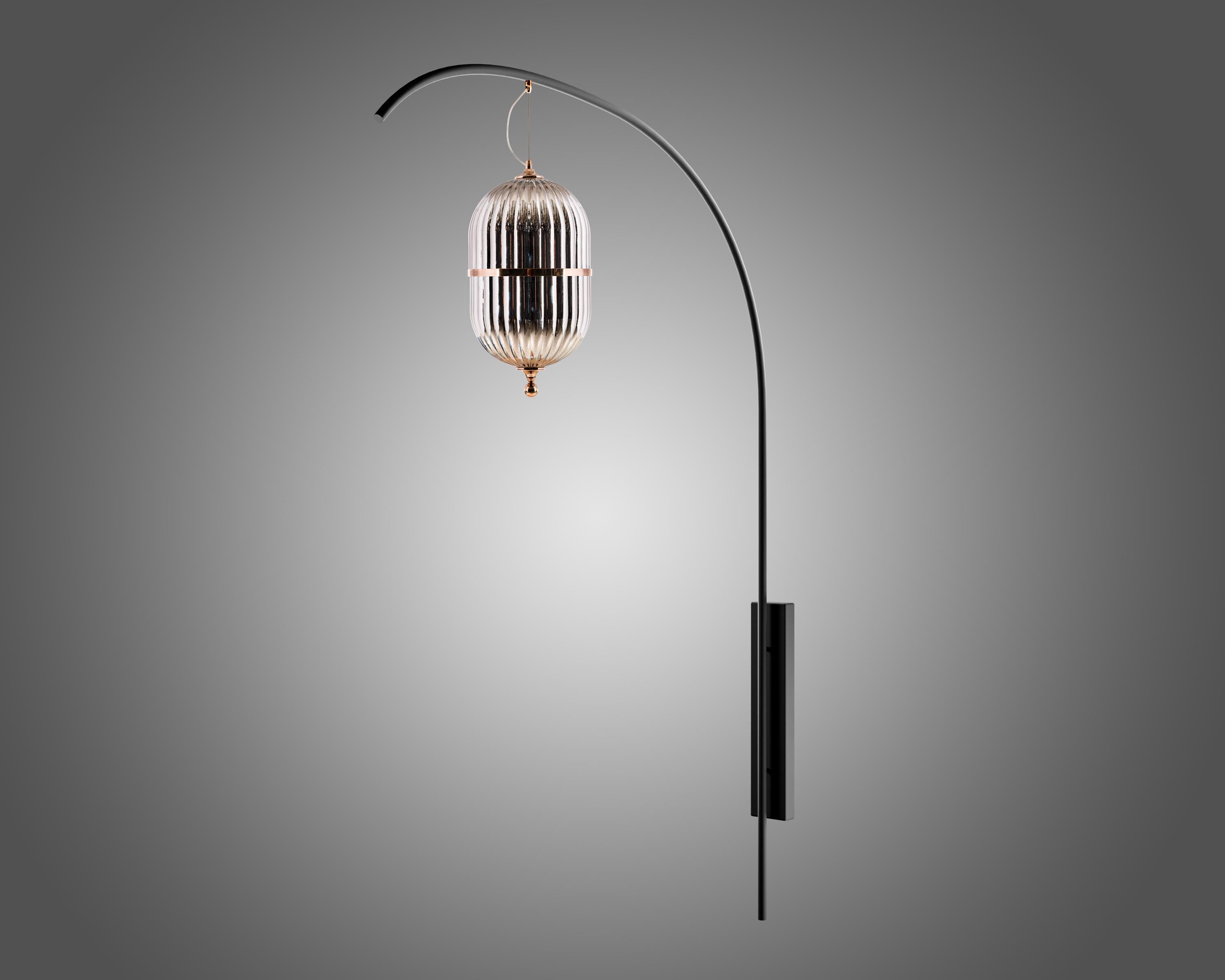 XL Smoked Gray Glass Wall Sconce: Black-Brass Minimalist Lamp