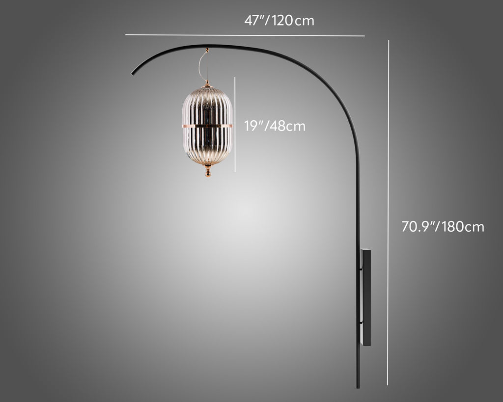 XL Smoked Gray Glass Wall Sconce: Black-Brass Minimalist Lamp