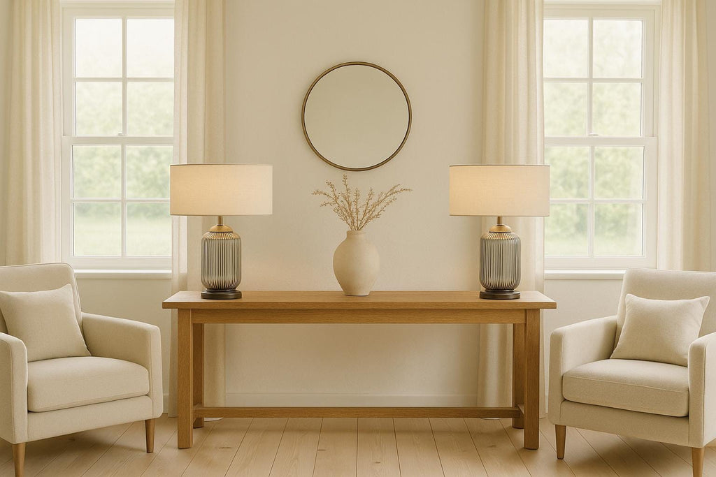 Smoked Ribbed Glass Table Lamp with Cream Shade - Modern Bedside Light