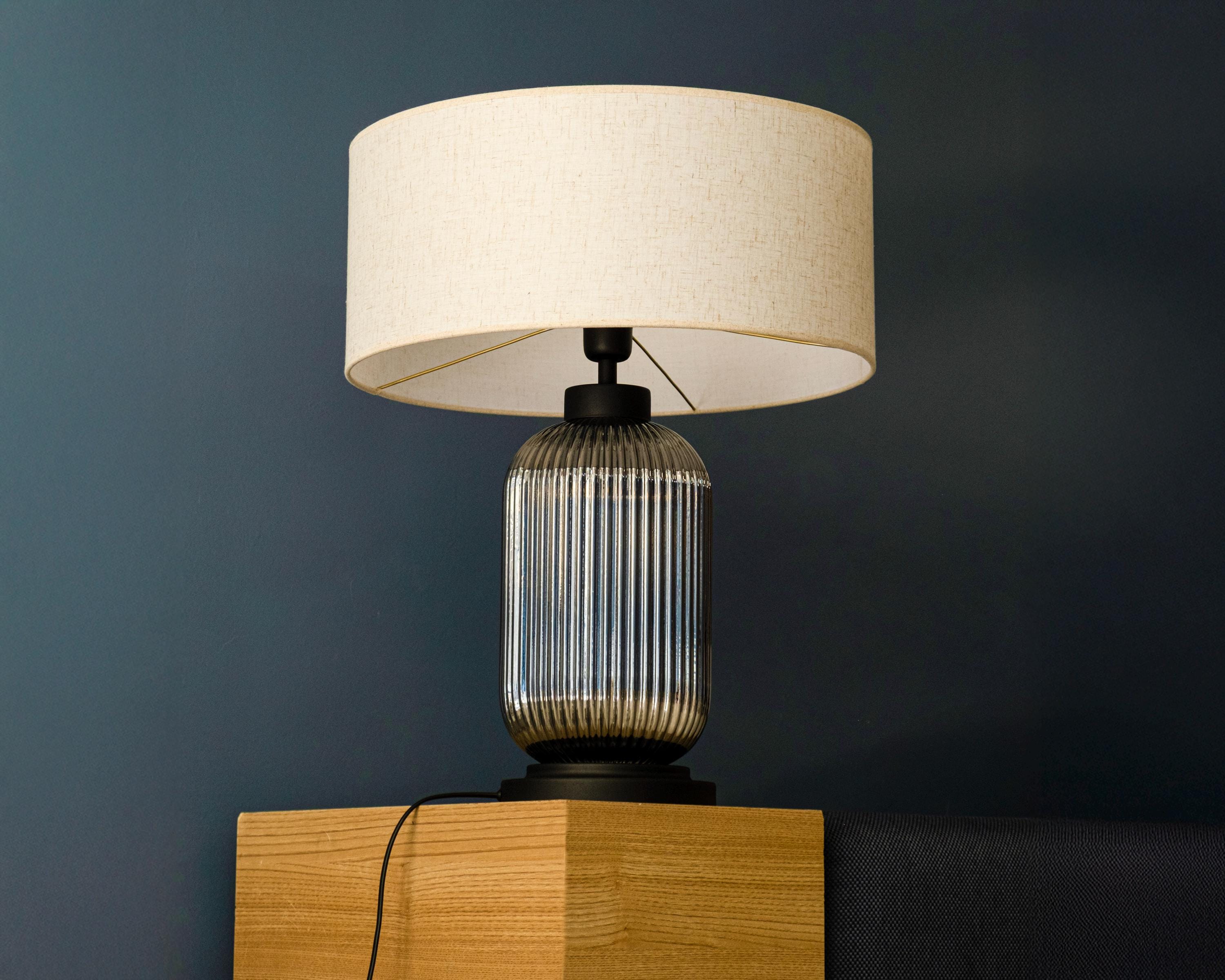Smoked Ribbed Glass Table Lamp with Cream Shade - Modern Bedside Light