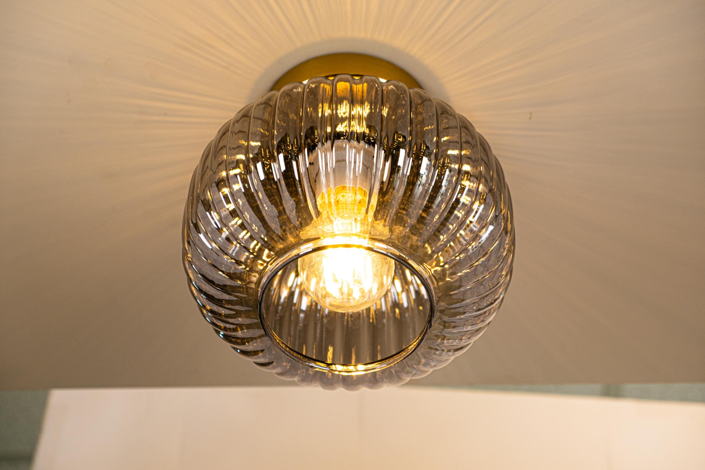 Ribbed Glass Flush Mount Ceiling Light: Smoke Gray Modern Fixture