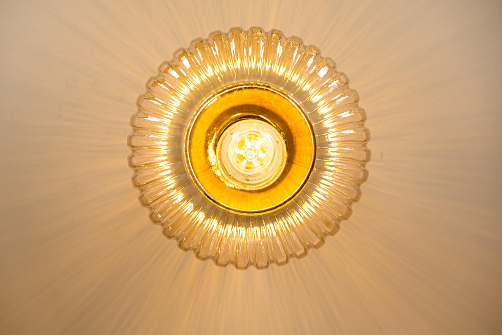 Ribbed Glass Flush Mount Ceiling Light: Smoke Gray or Amber, Handmade