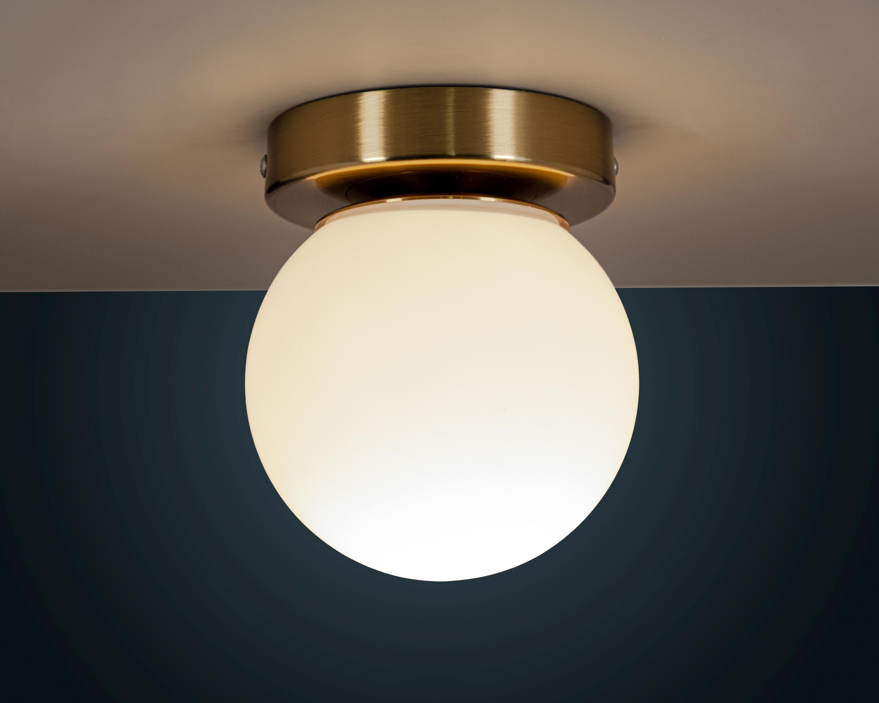 Mid Century Opal Globe Flush Mount Light - Brass Ceiling Lamp