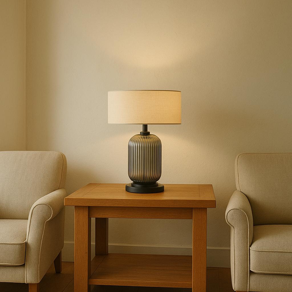 Smoked Ribbed Glass Table Lamp with Cream Shade - Modern Bedside Light