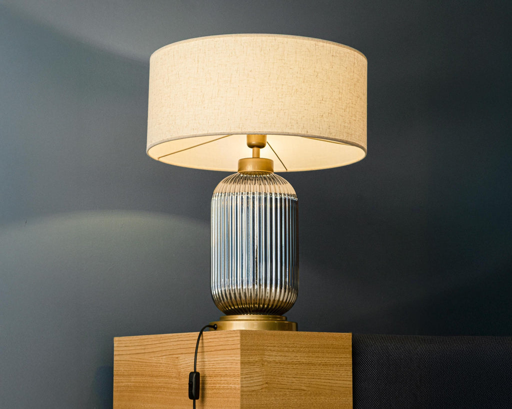 Smoked Ribbed Glass Table Lamp with Cream Shade - Modern Bedside Light