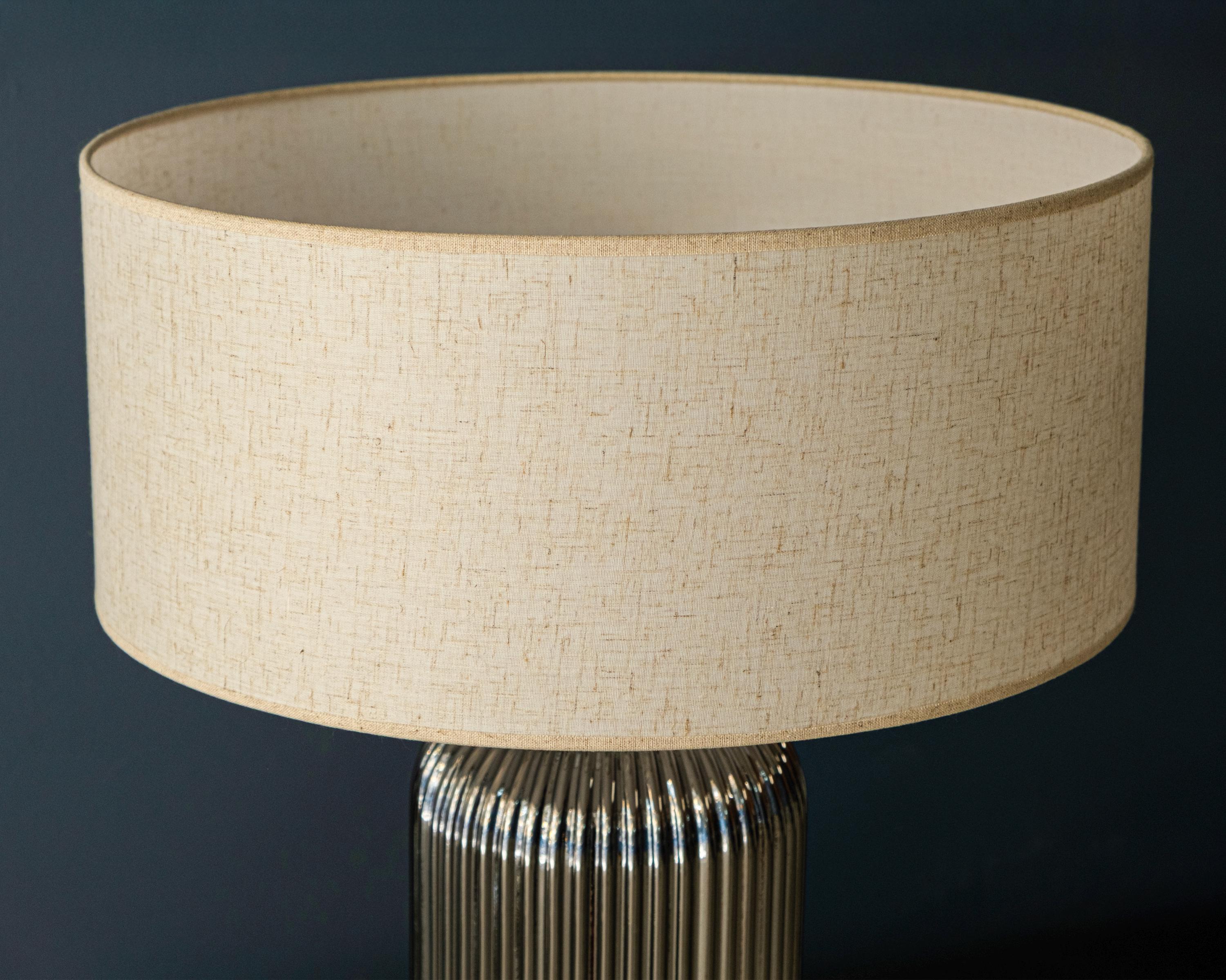 Smoked Ribbed Glass Table Lamp with Cream Shade - Modern Bedside Light