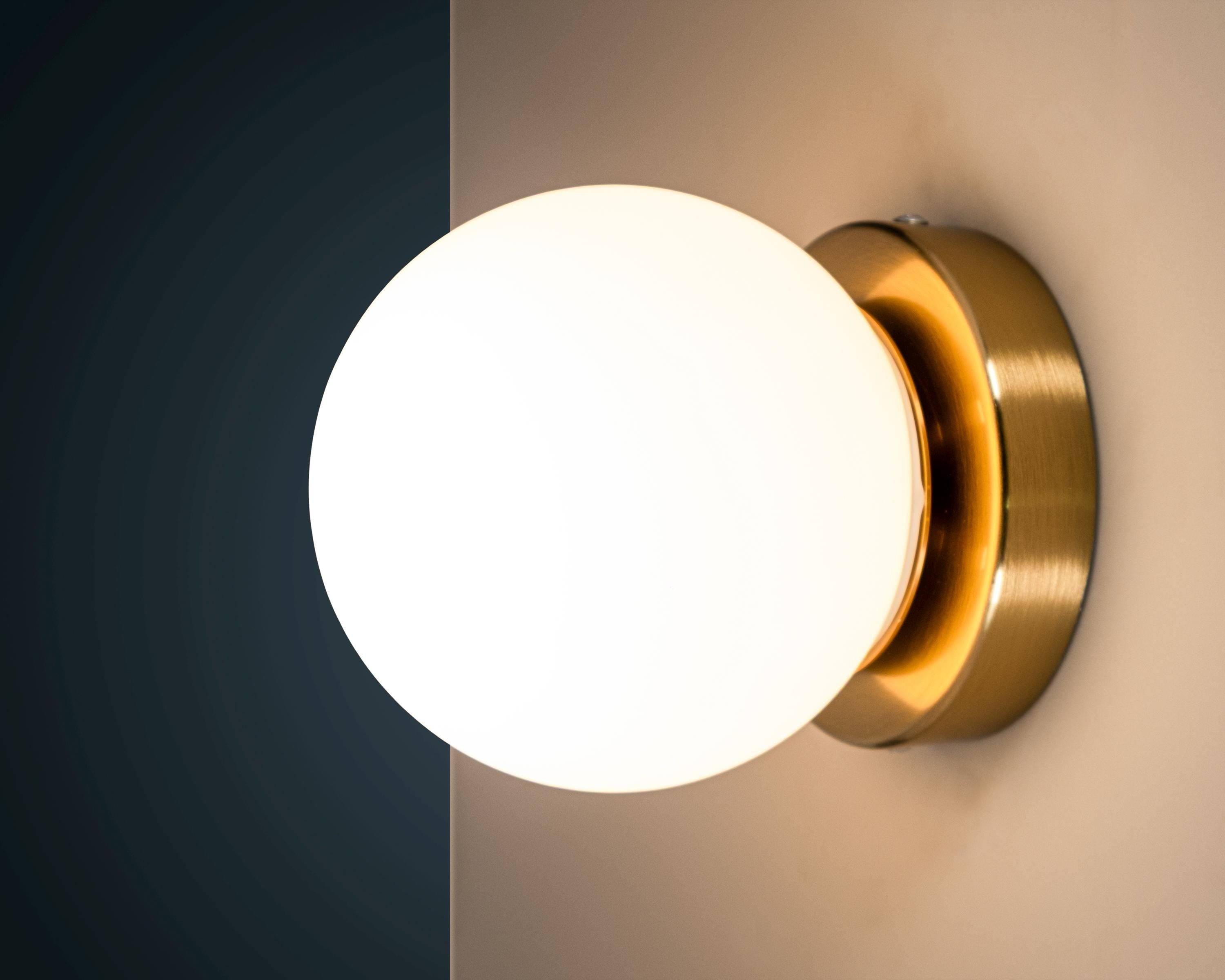 Opal Glass Globe Wall Sconce: Mid-Century Modern Brass Vanity Light