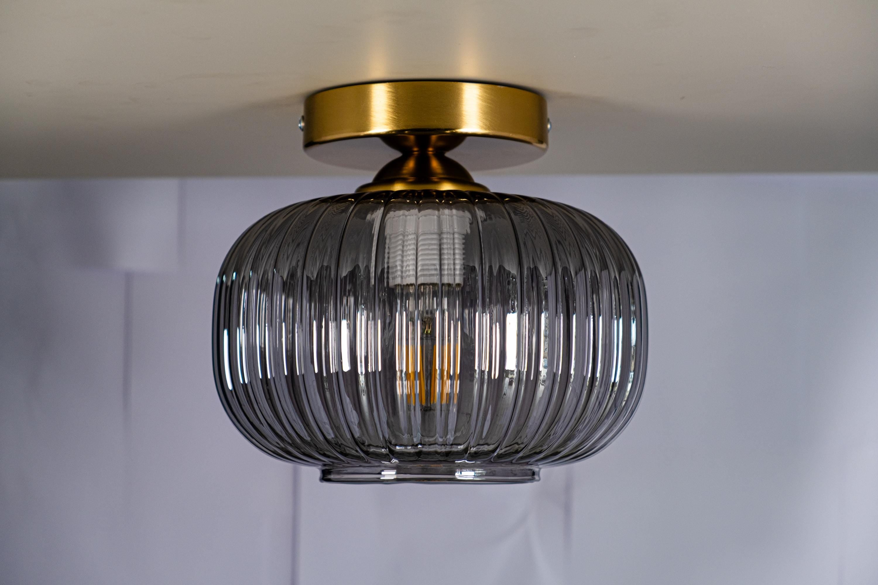 Ribbed Glass Flush Mount Ceiling Light: Smoke Gray Modern Fixture