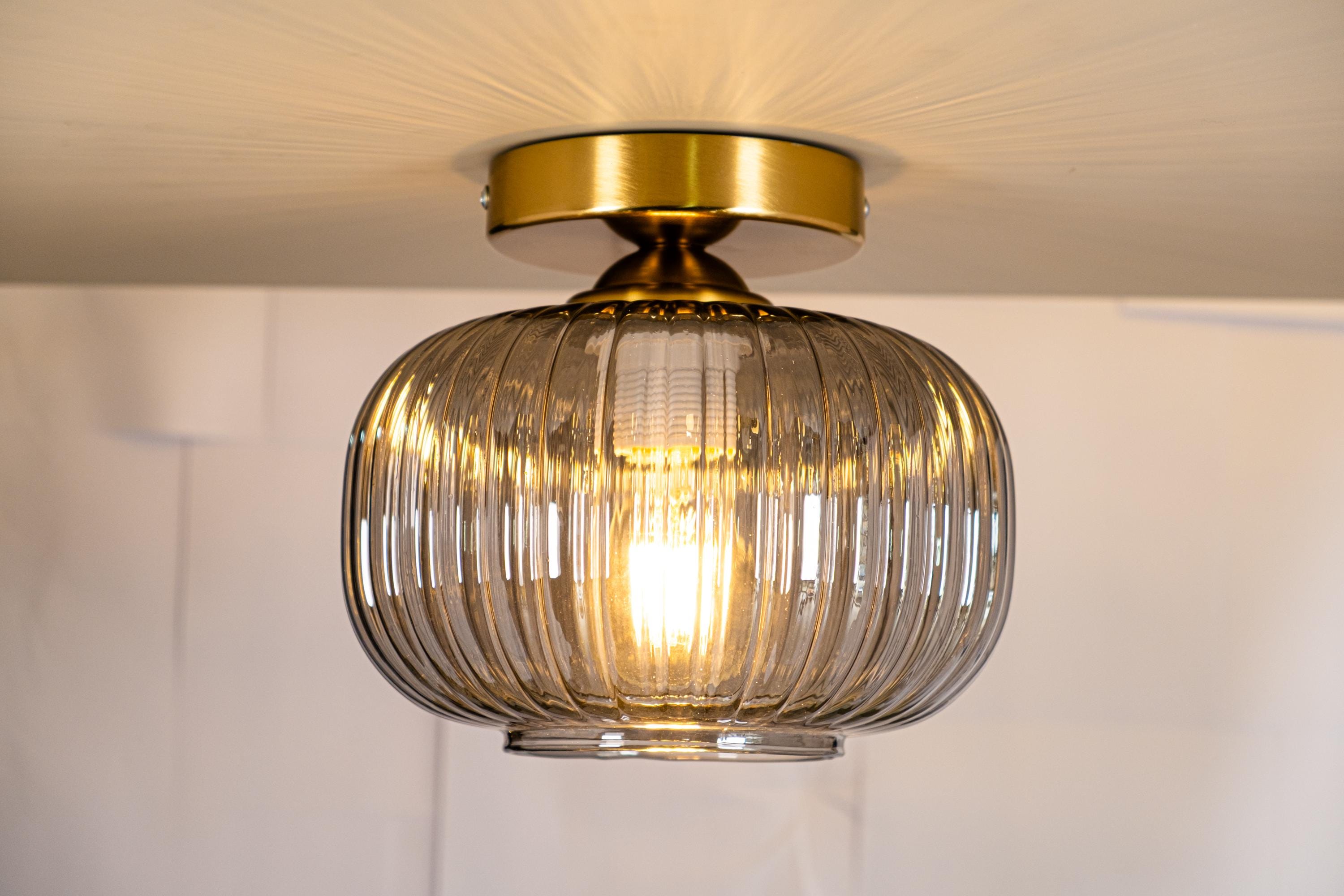 Ribbed Glass Flush Mount Ceiling Light: Smoke Gray or Amber, Handmade