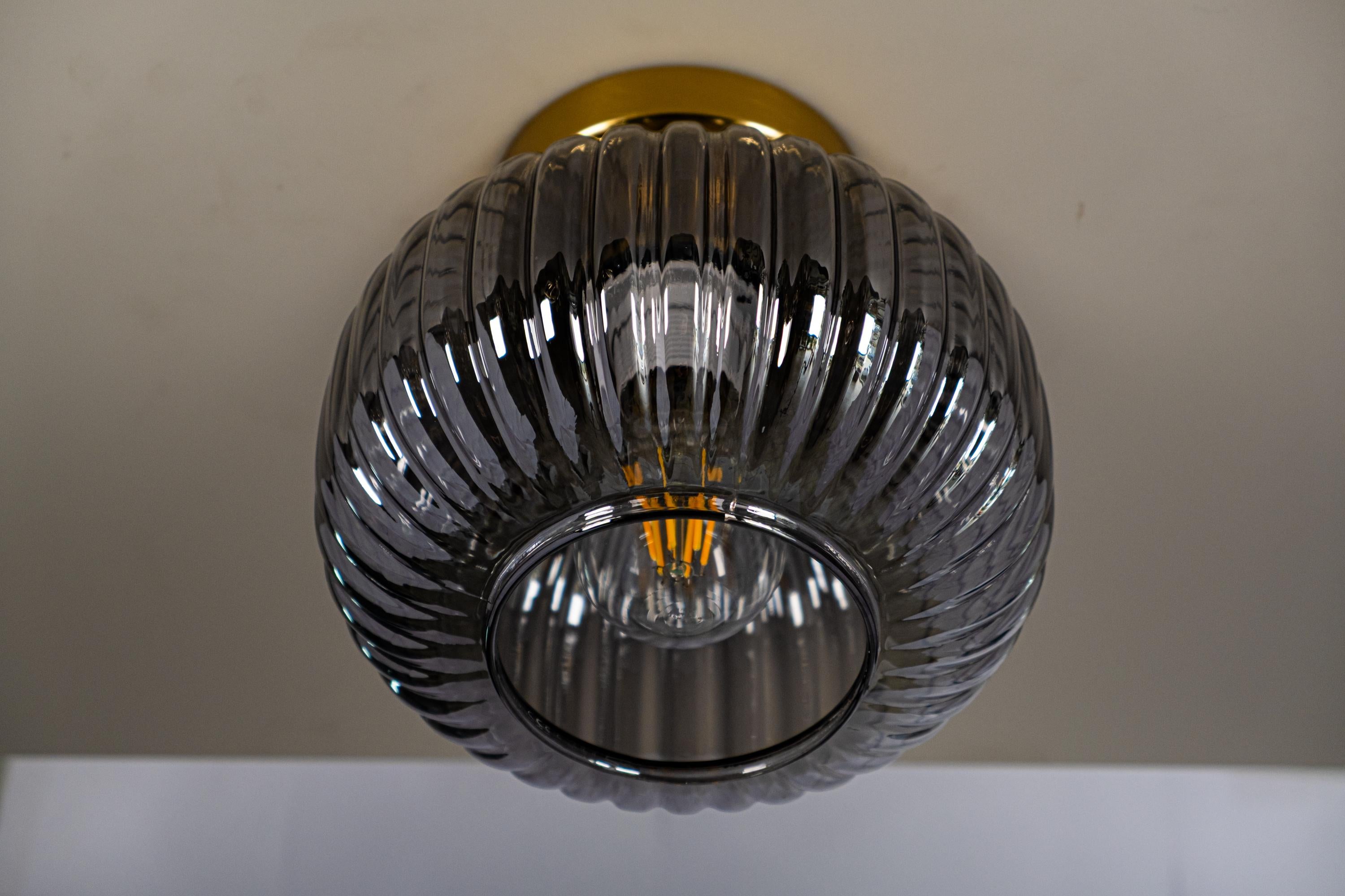Ribbed Glass Flush Mount Ceiling Light: Smoke Gray Modern Fixture