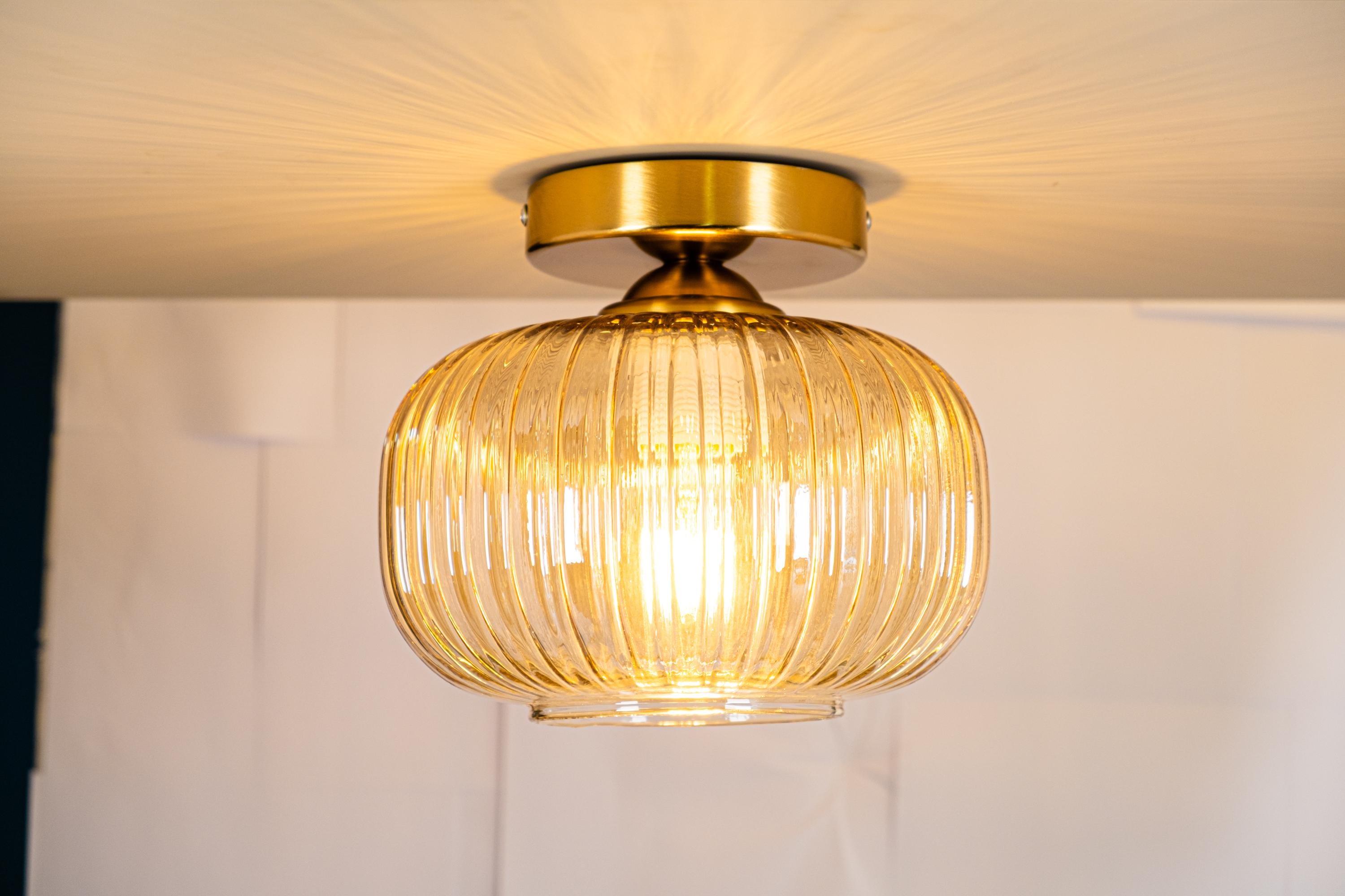 Ribbed Glass Flush Mount Ceiling Light: Smoke Gray or Amber, Handmade