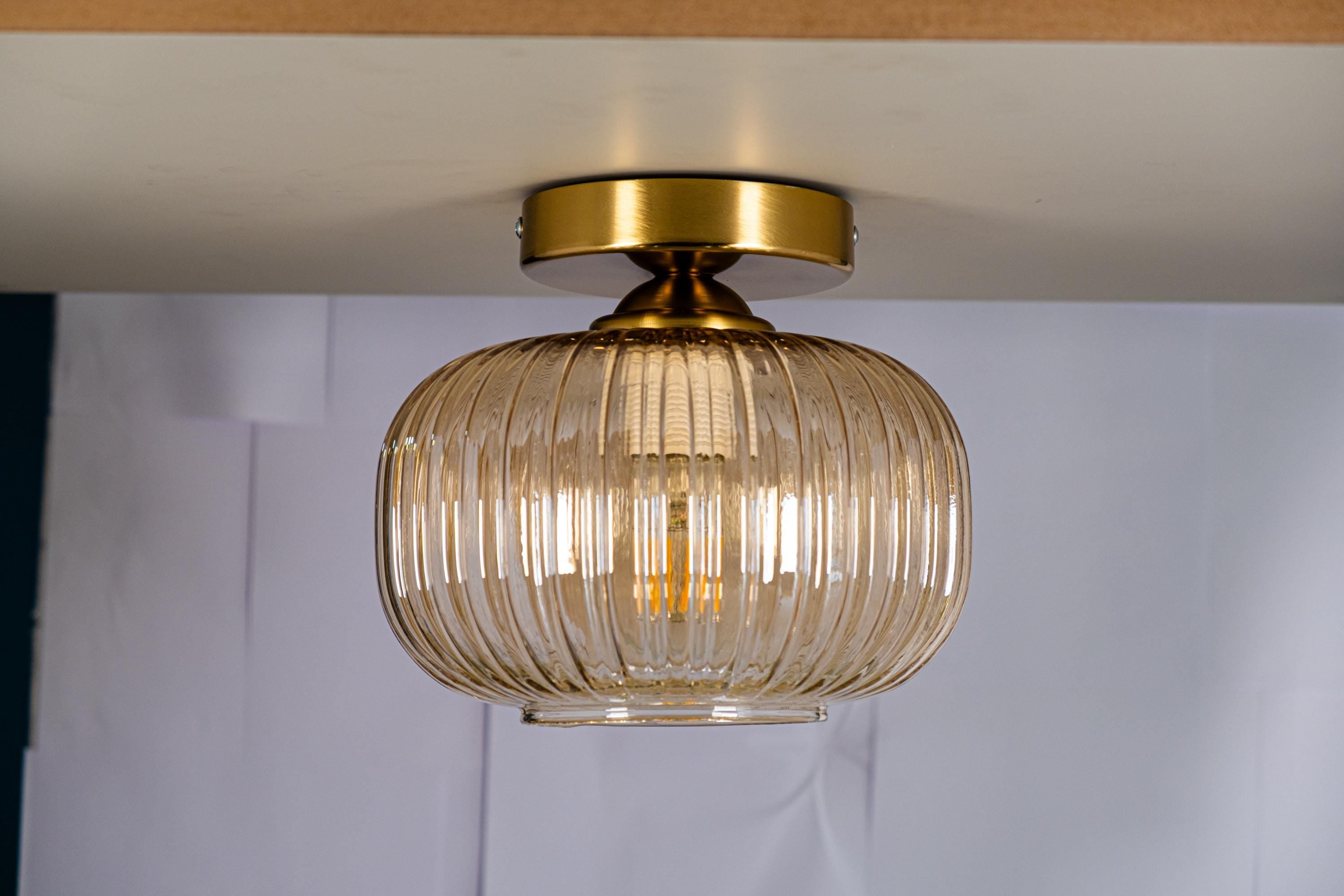 Ribbed Glass Flush Mount Ceiling Light: Smoke Gray or Amber, Handmade