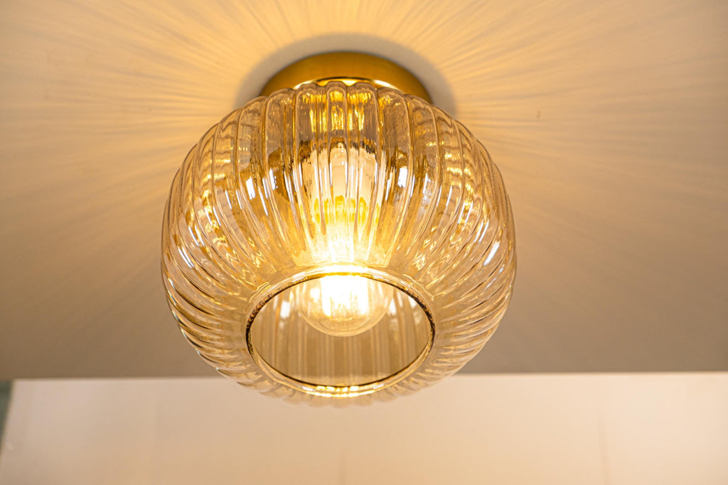 Ribbed Glass Flush Mount Ceiling Light: Smoke Gray or Amber, Handmade