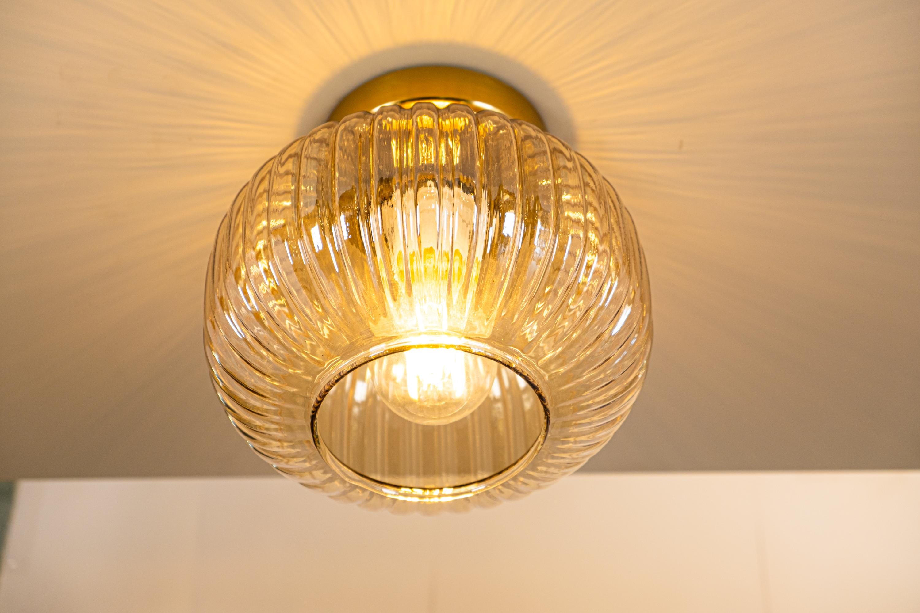 Ribbed Glass Flush Mount Ceiling Light: Smoke Gray or Amber, Handmade