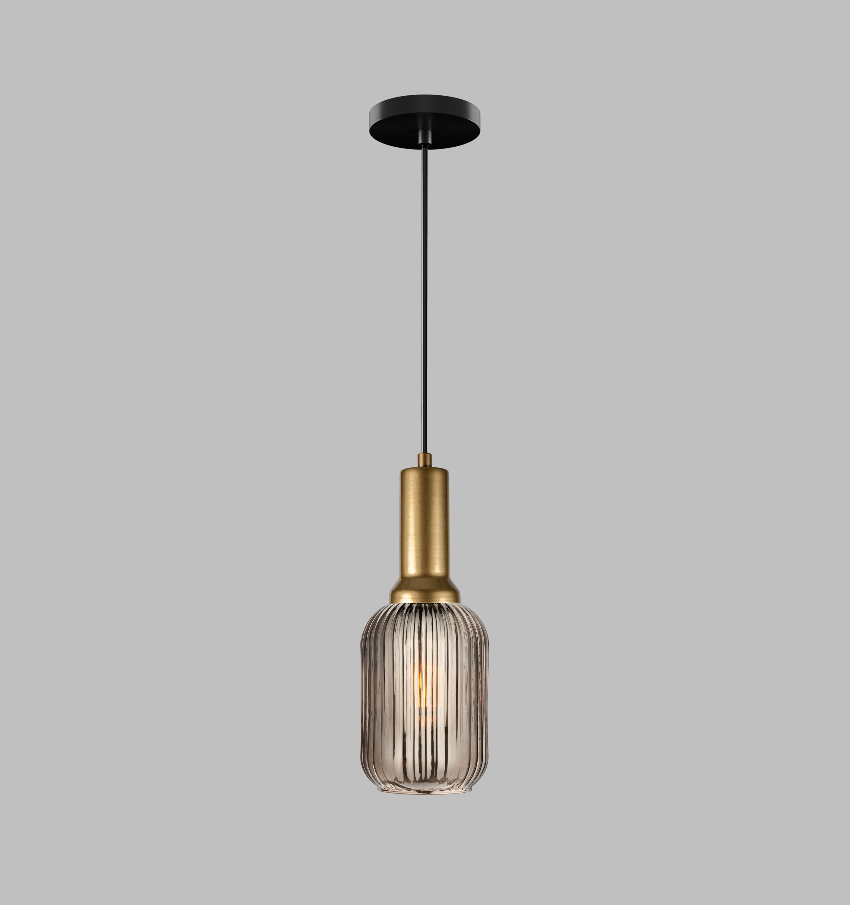 Smoke Gray Ribbed Glass Pendant Light - Nordic Modern Hanging Lamp