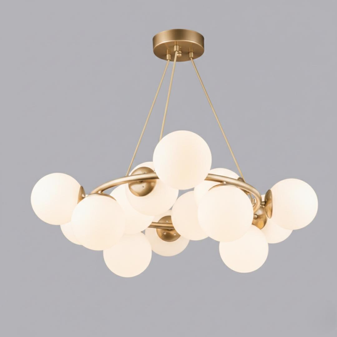 Modern Ring Chandelier, 12 Opal Glass Globes, Large Pendant Light, Gold/Black Finish