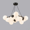 Modern Ring Chandelier, 12 Opal Glass Globes, Large Pendant Light, Gold/Black Finish