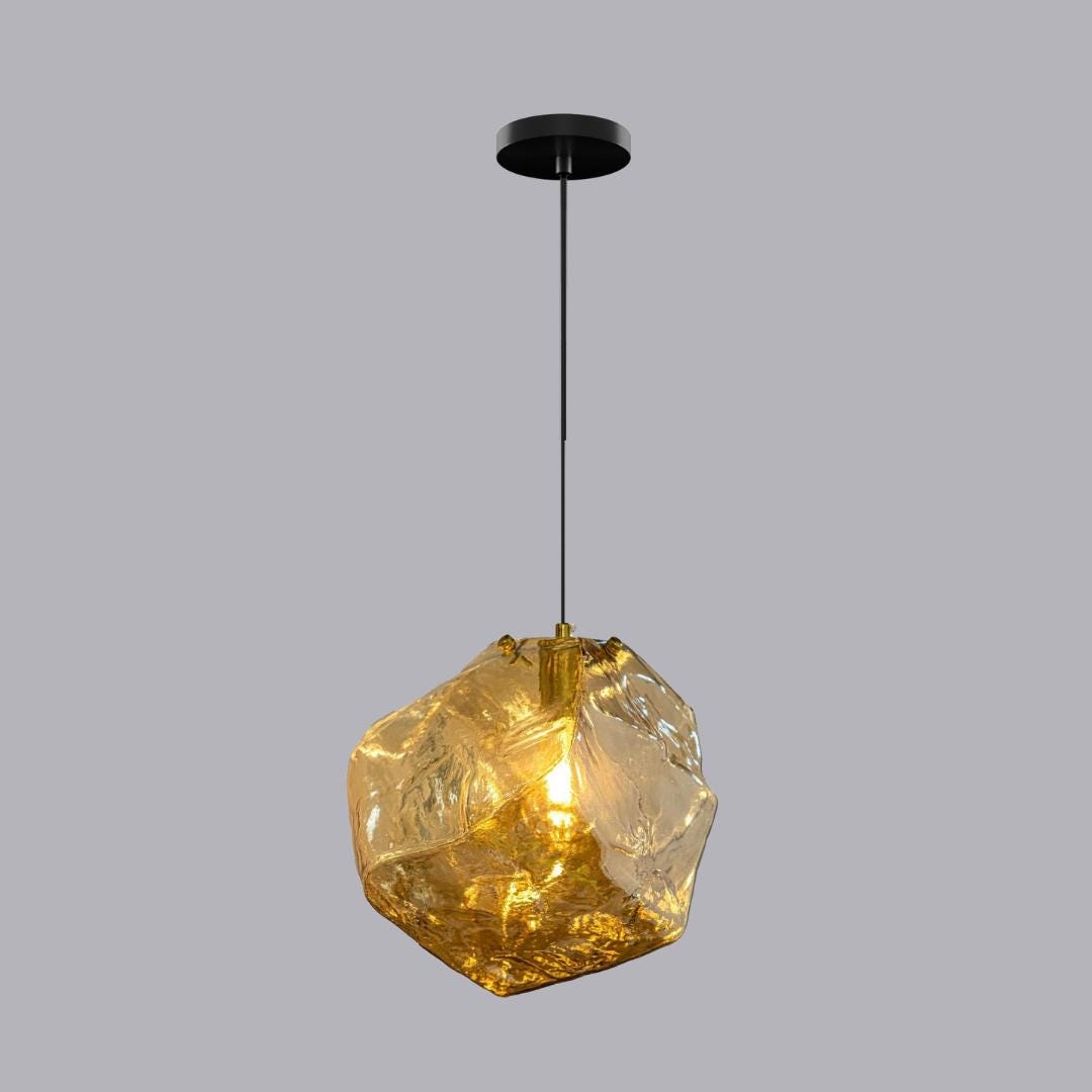 Handmade Ice Glass Pendant Chandelier, Amber & Smoke Gray
