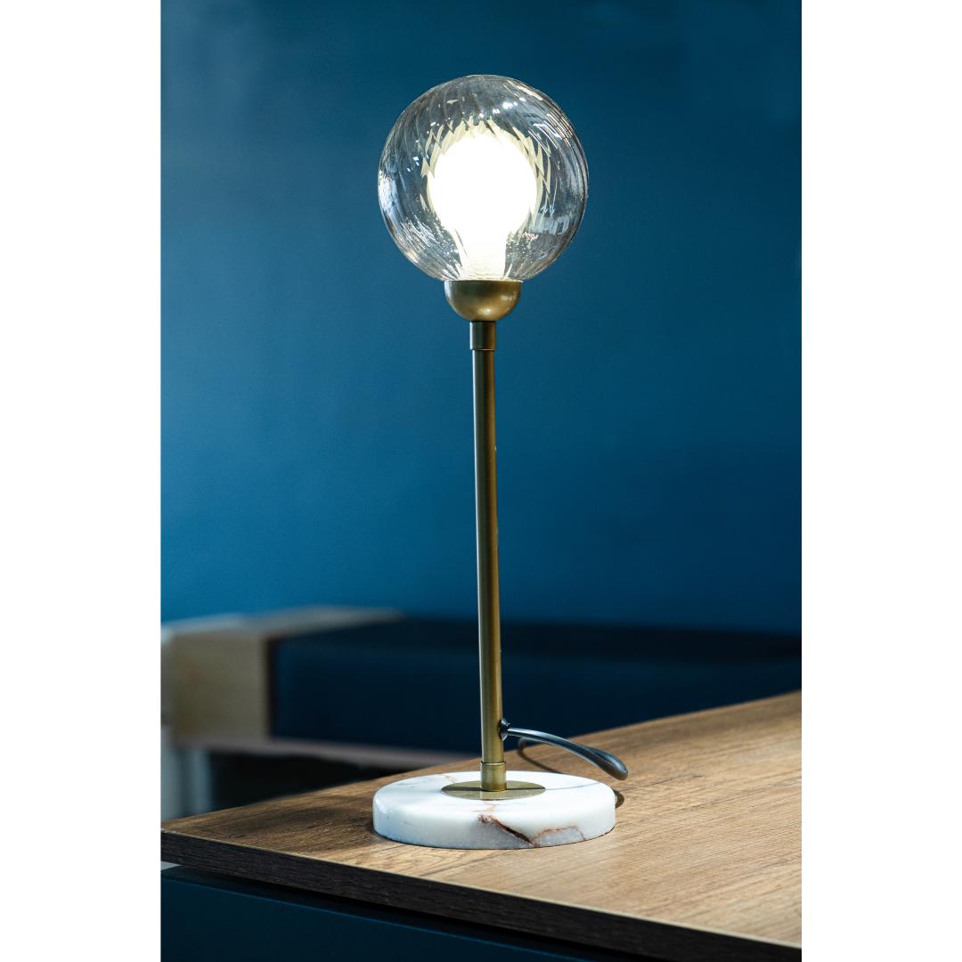 Modern Globe Table Lamp, Ribbed Glass, Marble Base