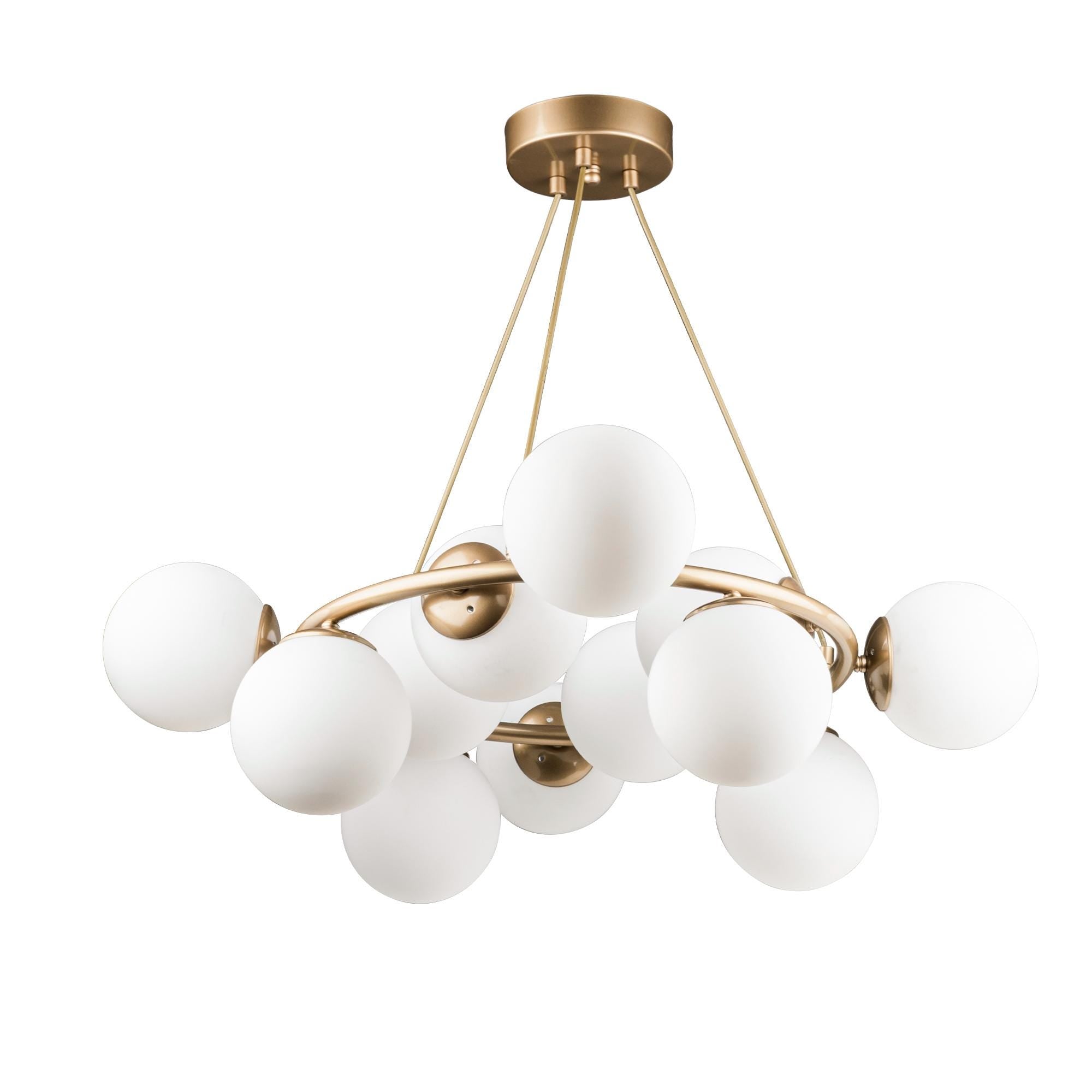 Modern Ring Chandelier, 12 Opal Glass Globes, Large Pendant Light, Gold/Black Finish