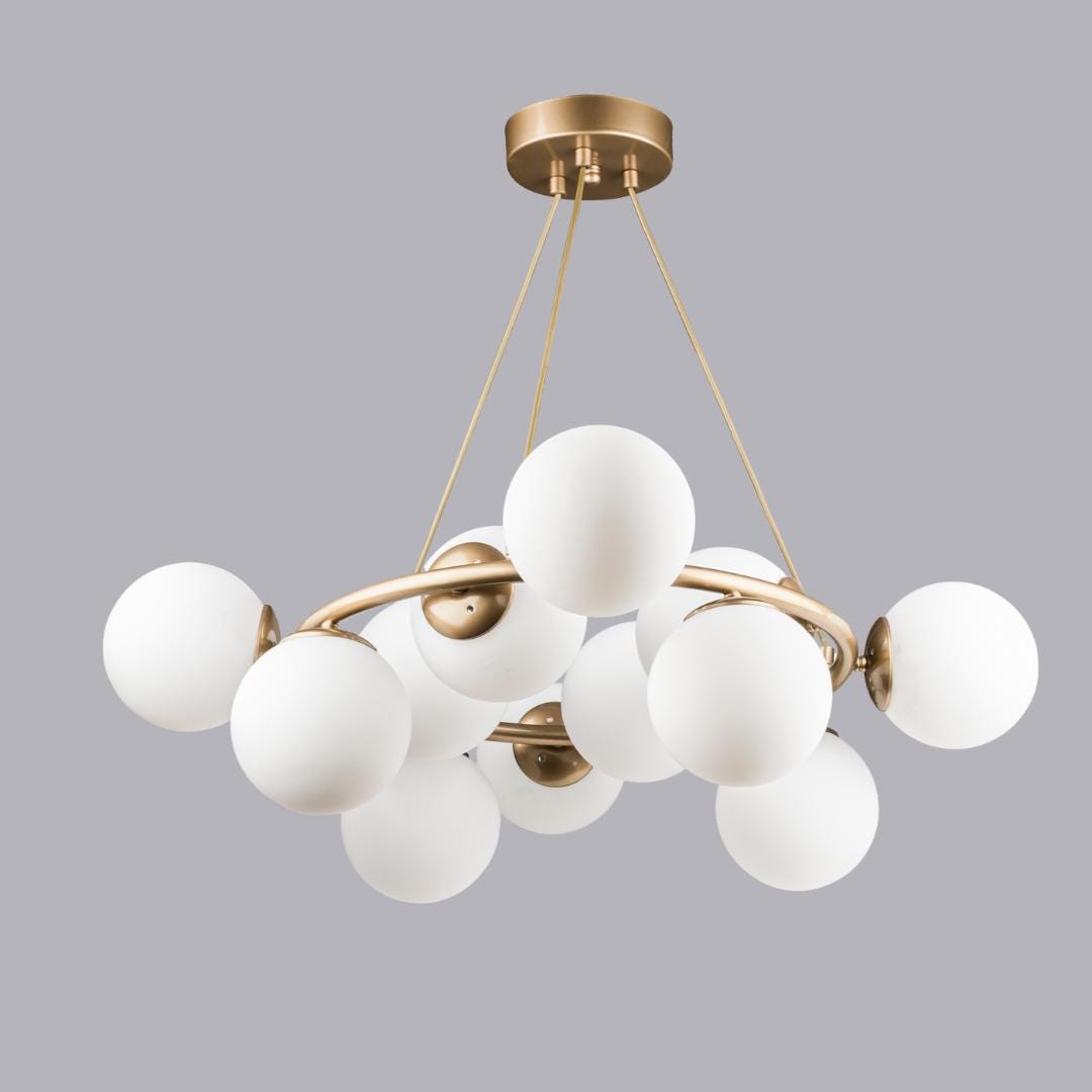 Modern Ring Chandelier, 12 Opal Glass Globes, Large Pendant Light, Gold/Black Finish