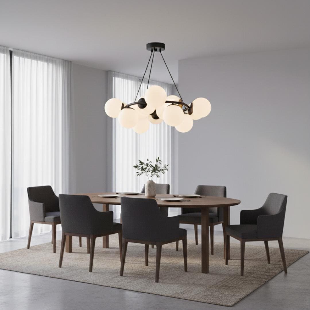 Modern Ring Chandelier, 12 Opal Glass Globes, Large Pendant Light, Gold/Black Finish