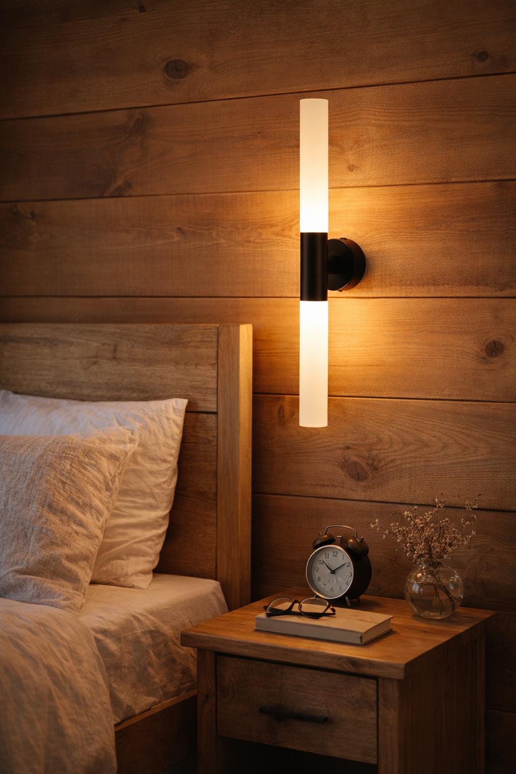 Modern Vertical Wall Sconce, Minimal Tube Light, Black Metal & Frosted Acrylic, Bathroom Vanity Light, Bedside Wall Lamp