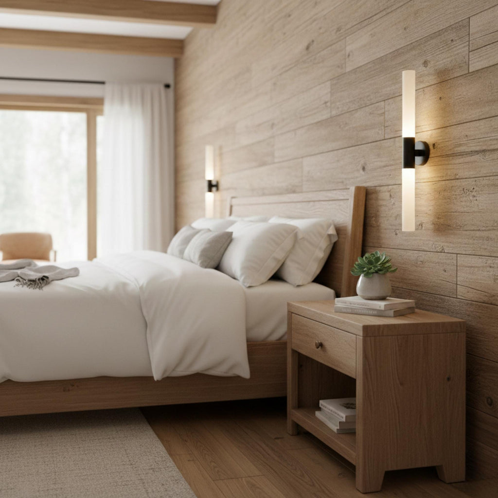 Modern Vertical Wall Sconce, Minimal Tube Light, Black Metal & Frosted Acrylic, Bathroom Vanity Light, Bedside Wall Lamp