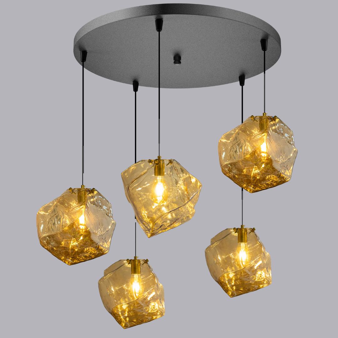 Handmade Ice Glass Pendant Chandelier, Amber & Smoke Gray