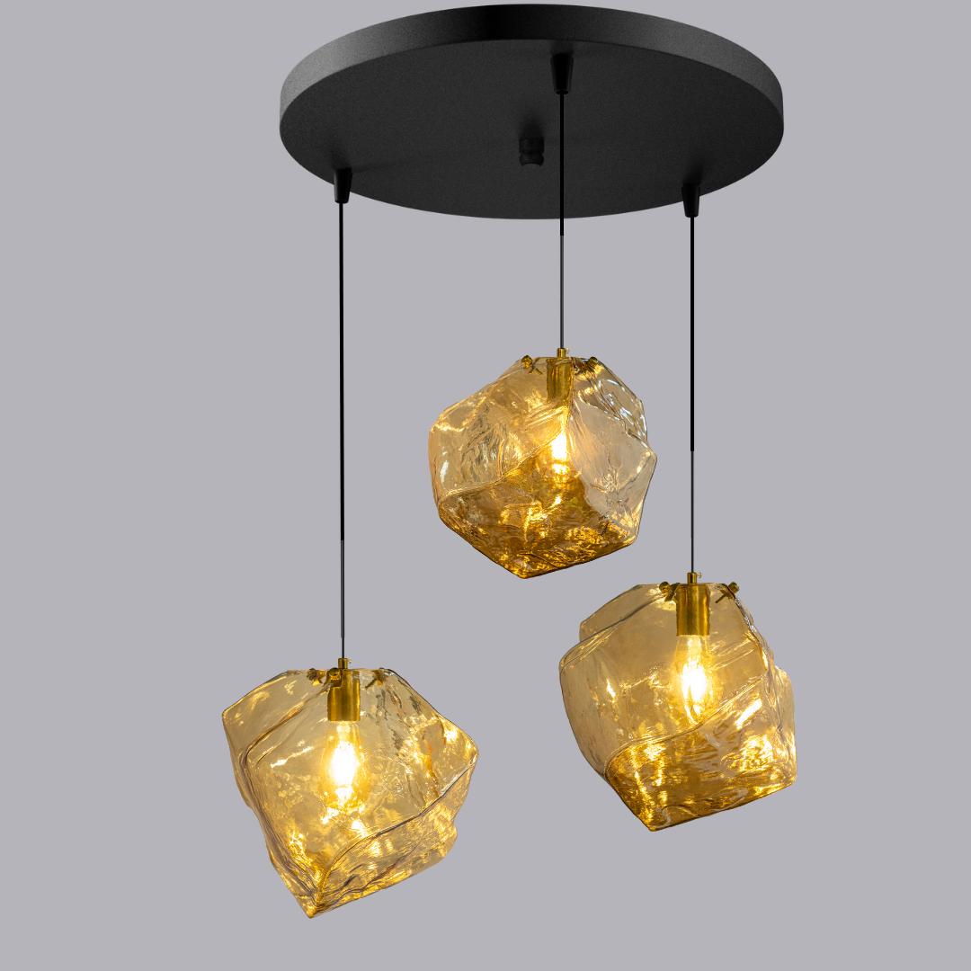 Handmade Amber Glass Ice Cube Pendant Light, Modern Chandelier