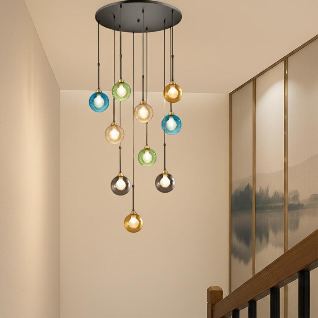 Modern Globe Chandelier, High Ceiling Pendant Light, Colorful Glass