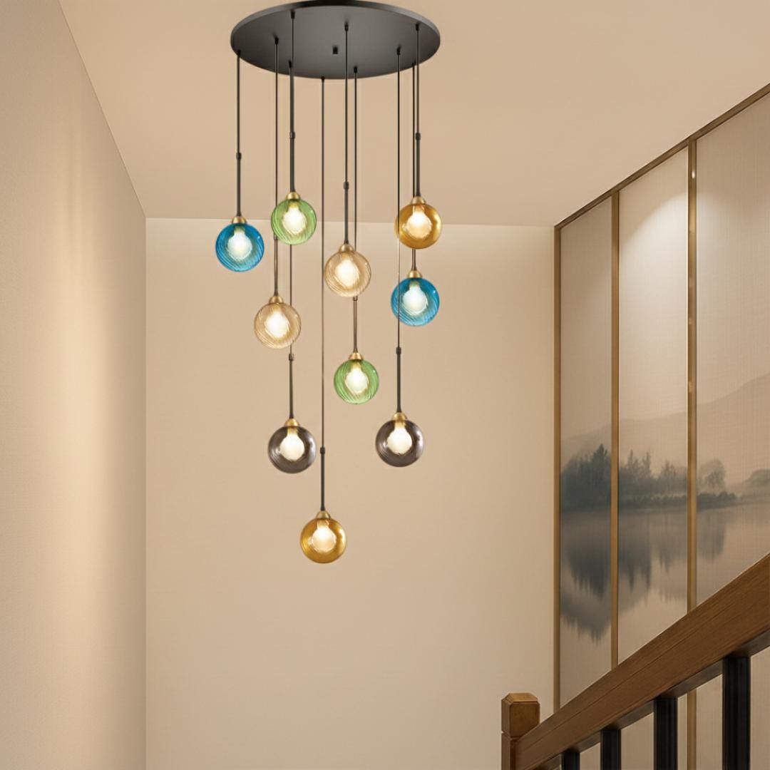 Modern Globe Chandelier, High Ceiling Pendant Light, Colorful Glass