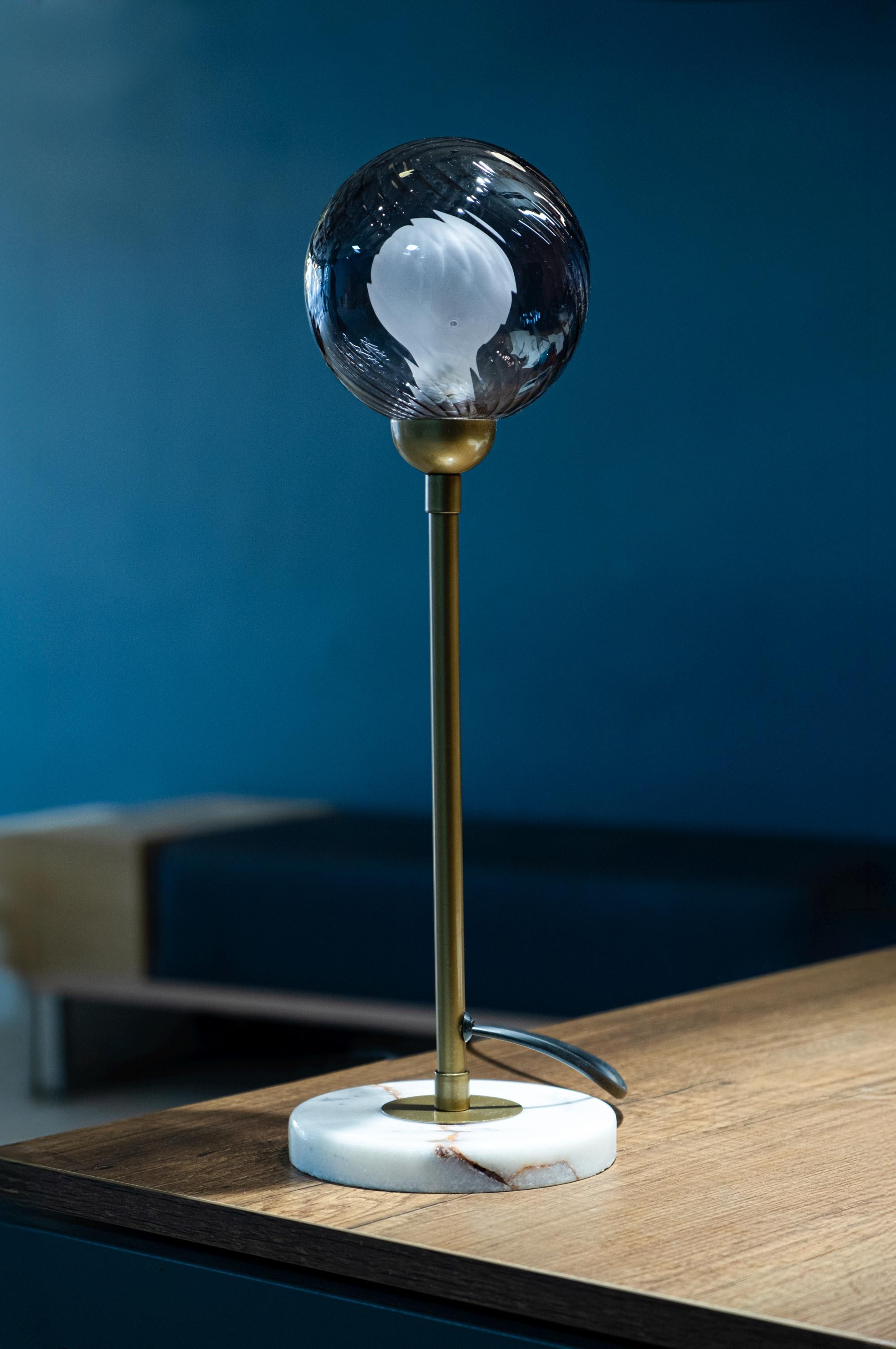 Modern Globe Table Lamp, Ribbed Glass, Marble Base