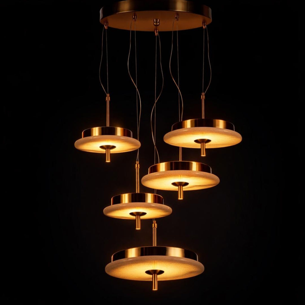 Natural Marble Disc LED Pendant Light - Modern Brass Fixture Custom Modern Lighting