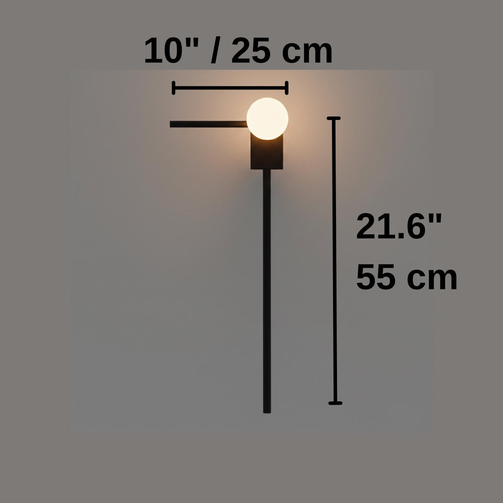 Modern Asymmetrical Wall Sconce Light – Opal Globe Wall Lamp – Right or Left Arm Black Minimalist Bedroom Bedside Lighting
