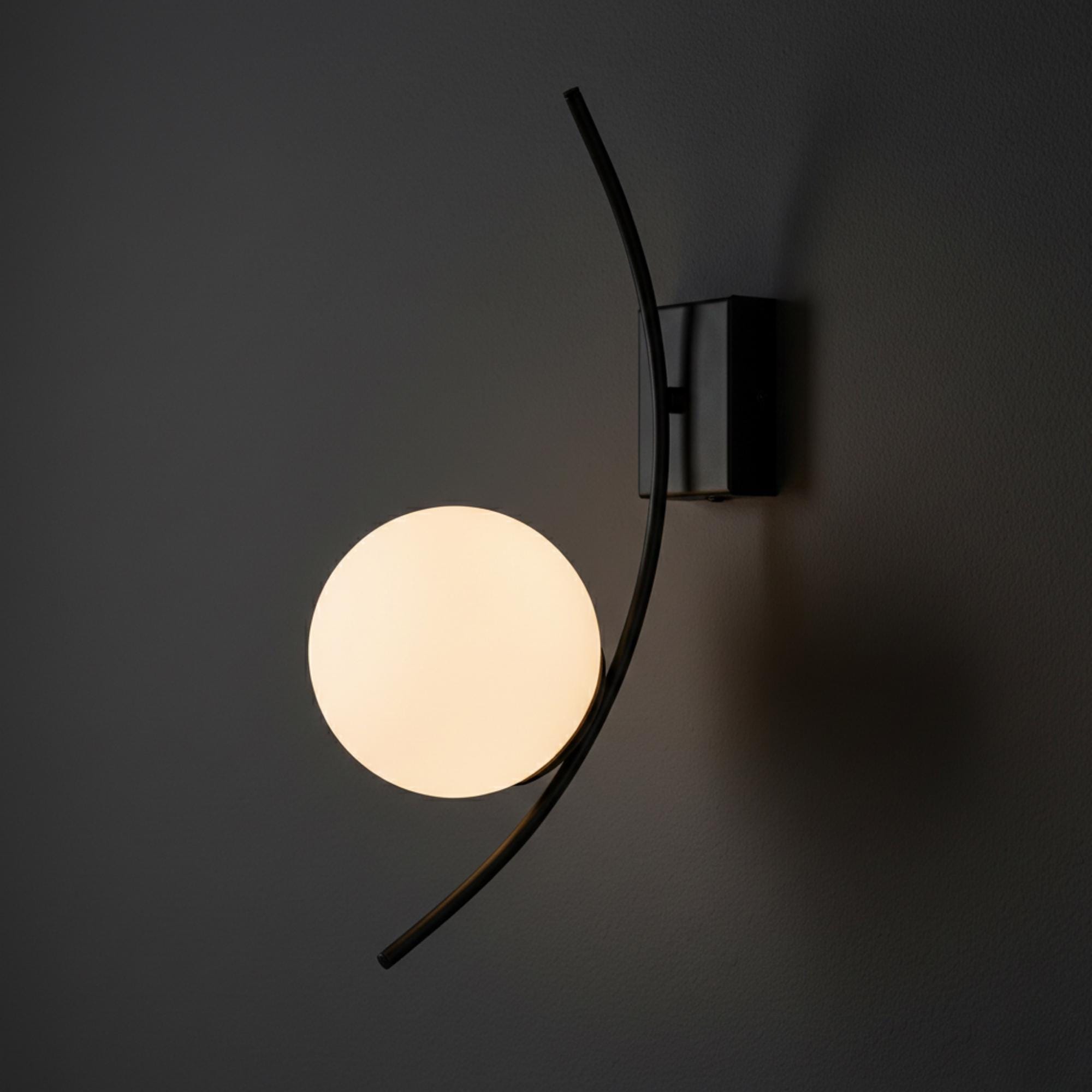 Modern Curved Wall Sconce – Opal Glass Globe Wall Lamp – Black Metal Contemporary Bathroom Vanity Light – Minimalist Hallway Lighting