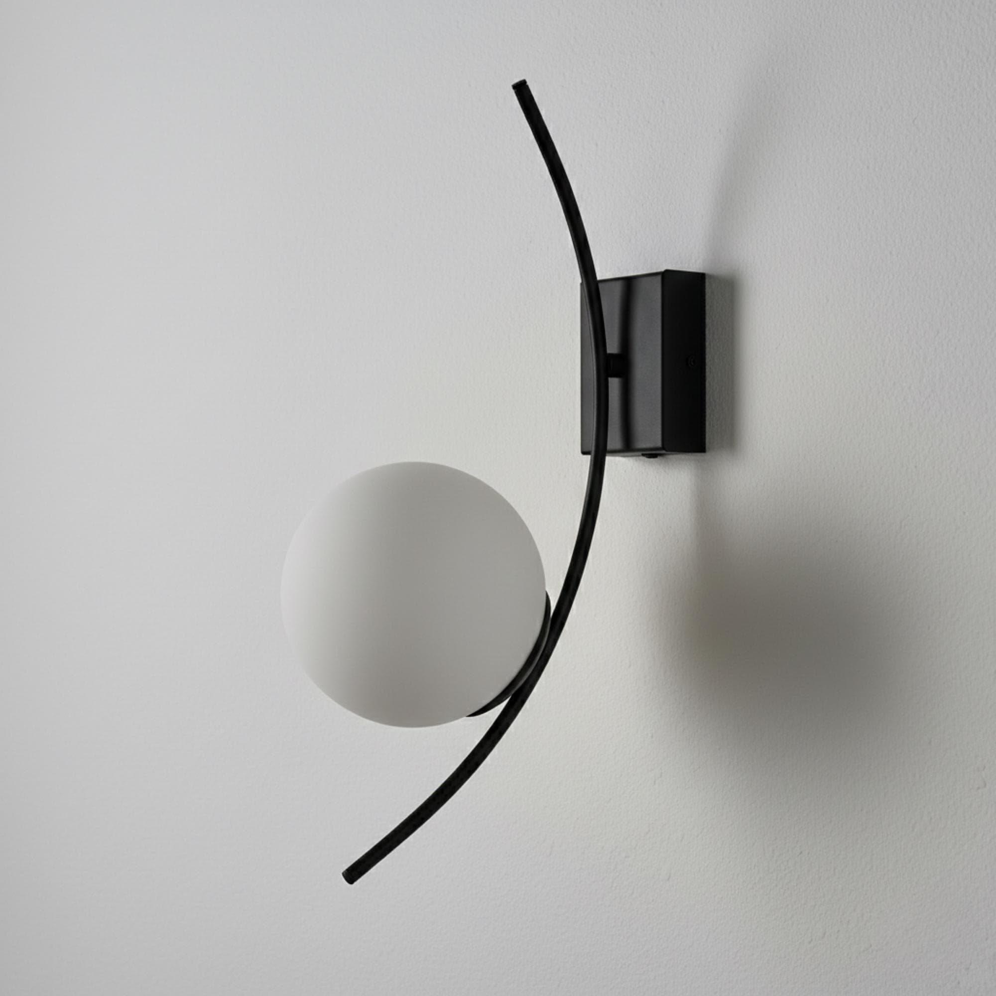 Modern Curved Wall Sconce – Opal Glass Globe Wall Lamp – Black Metal Contemporary Bathroom Vanity Light – Minimalist Hallway Lighting