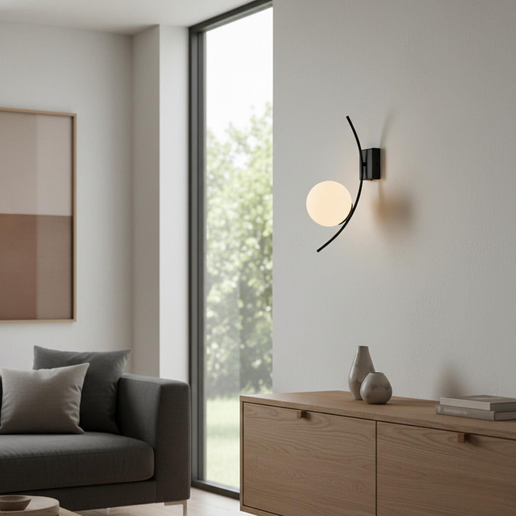 Modern Curved Wall Sconce – Opal Glass Globe Wall Lamp – Black Metal Contemporary Bathroom Vanity Light – Minimalist Hallway Lighting