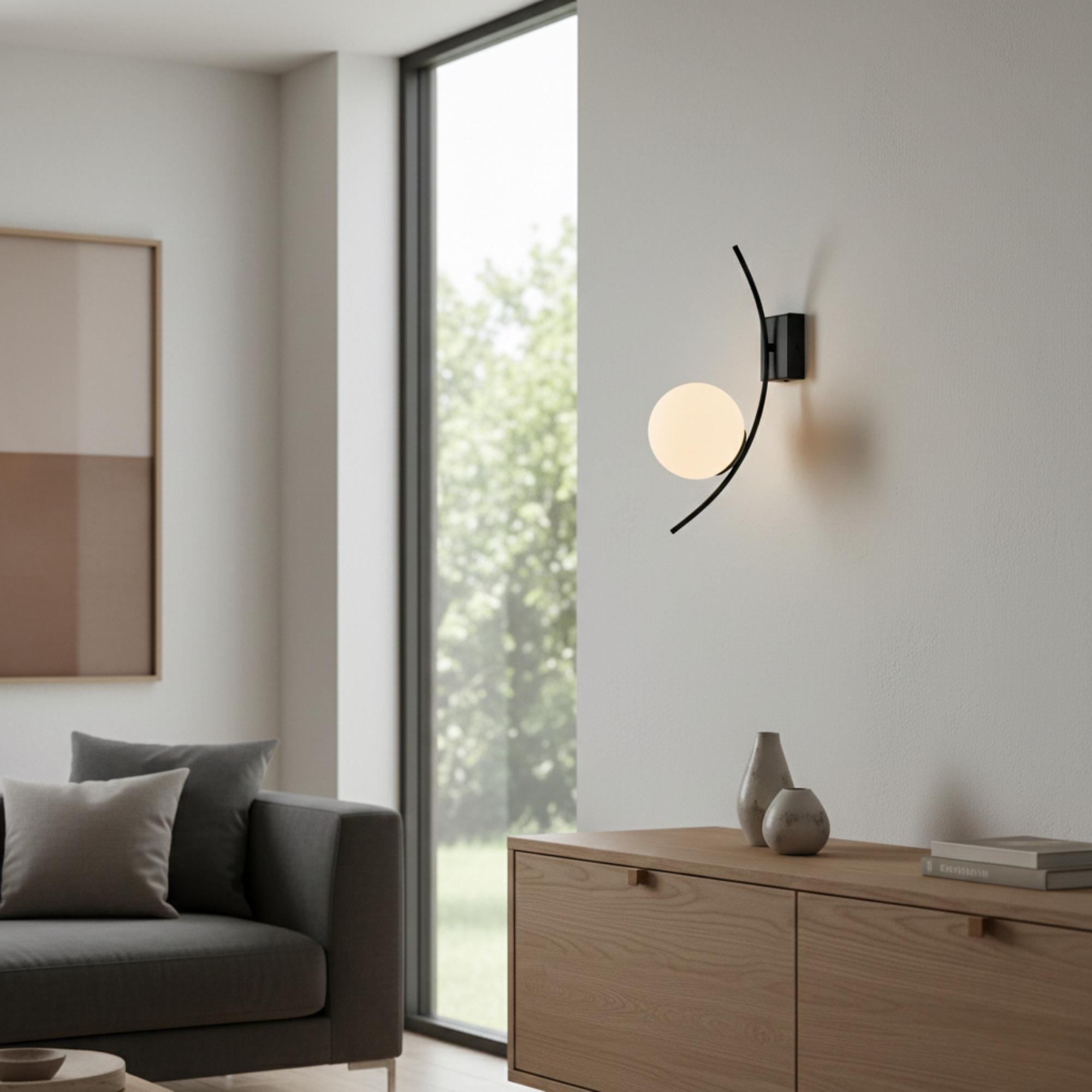 Modern Curved Wall Sconce – Opal Glass Globe Wall Lamp – Black Metal Contemporary Bathroom Vanity Light – Minimalist Hallway Lighting