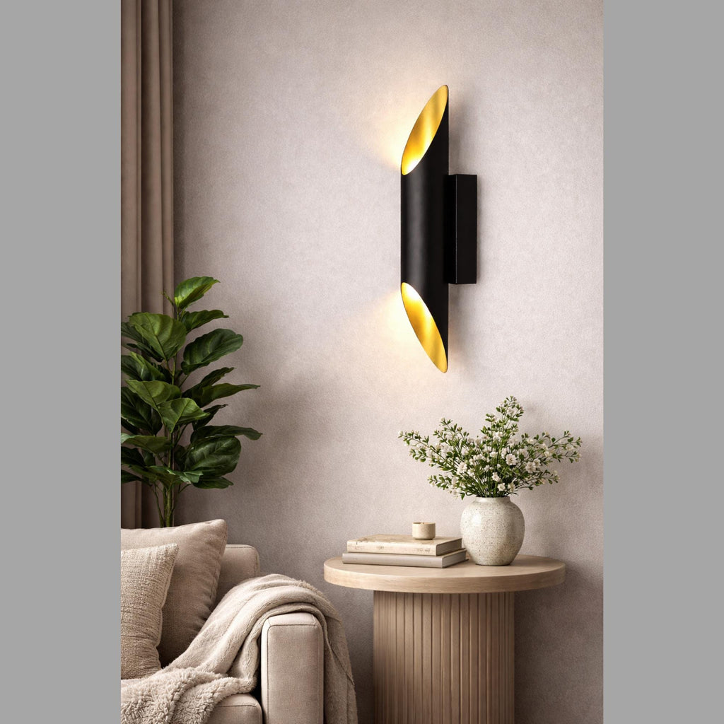 Modern Black & Gold Wall Sconce – Up Down Light – Minimal Cylinder Wall Lamp – Contemporary Interior Lighting – Luxury Matte Black Fixture