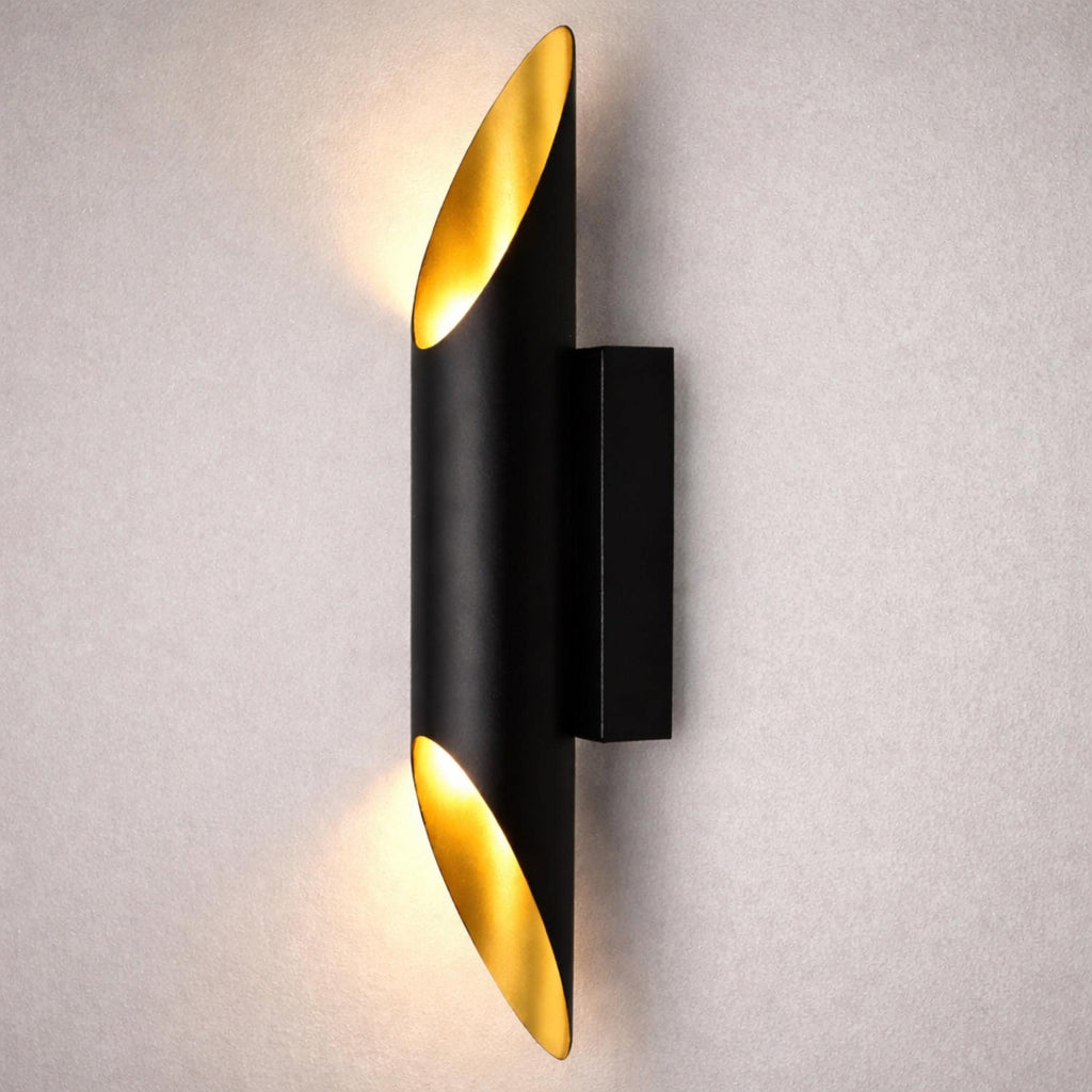 Modern Black & Gold Wall Sconce – Up Down Light – Minimal Cylinder Wall Lamp – Contemporary Interior Lighting – Luxury Matte Black Fixture
