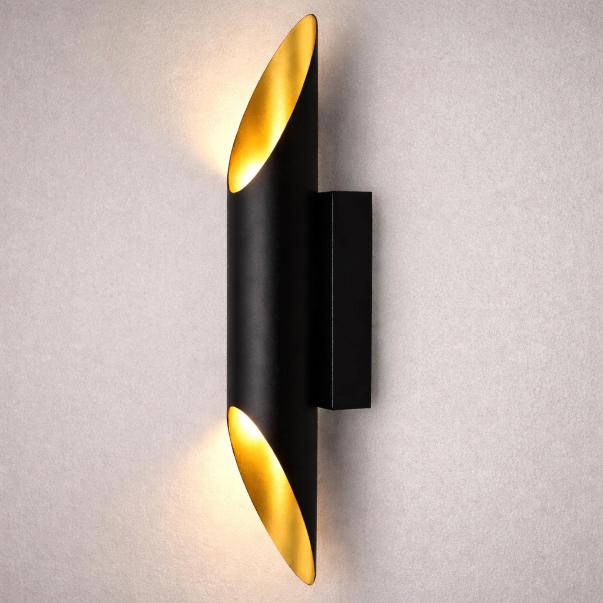 Modern Black & Gold Wall Sconce – Up Down Light – Minimal Cylinder Wall Lamp – Contemporary Interior Lighting – Luxury Matte Black Fixture