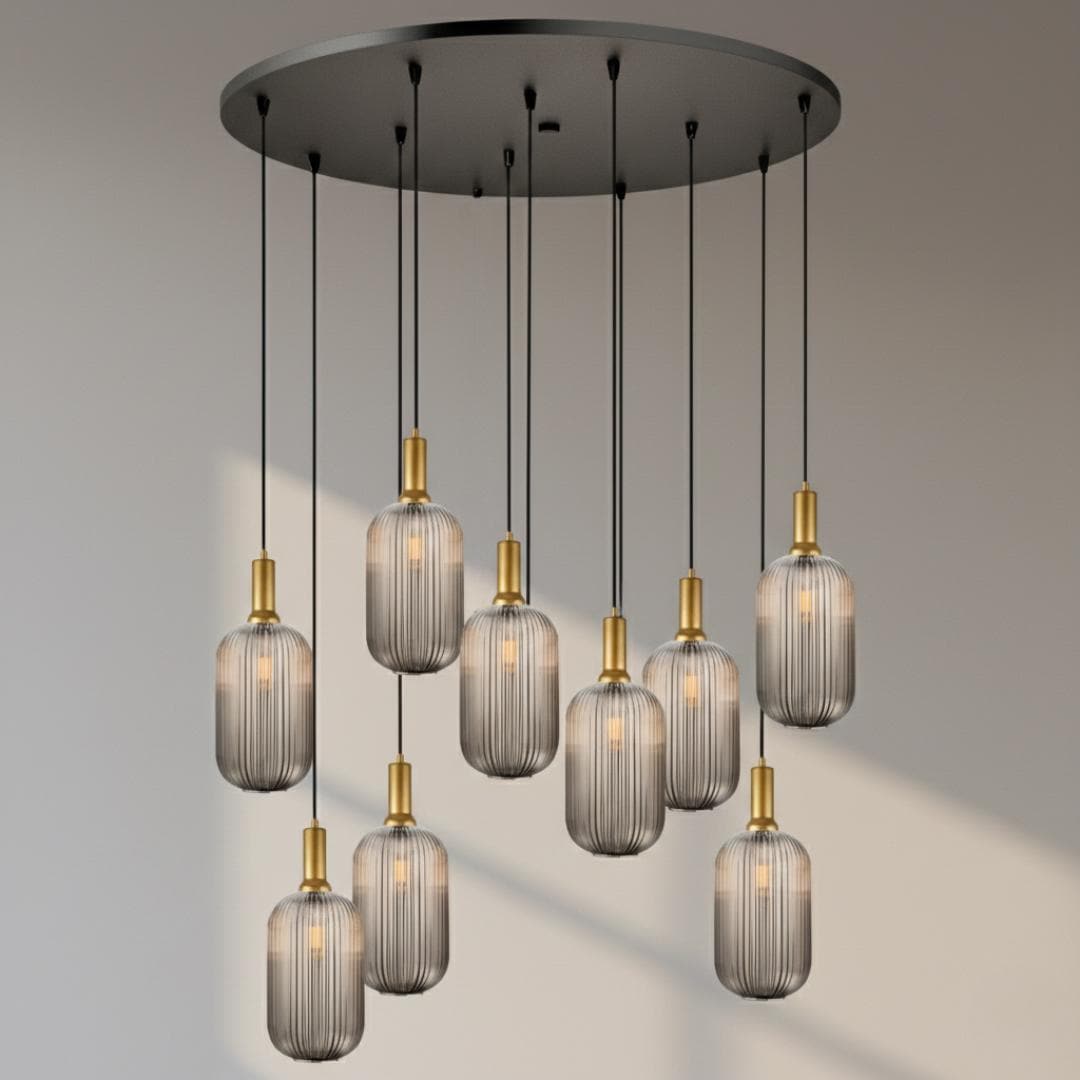 Smoke Gray Ribbed Glass Pendant Light: Modern Brass-Tone Chandelier