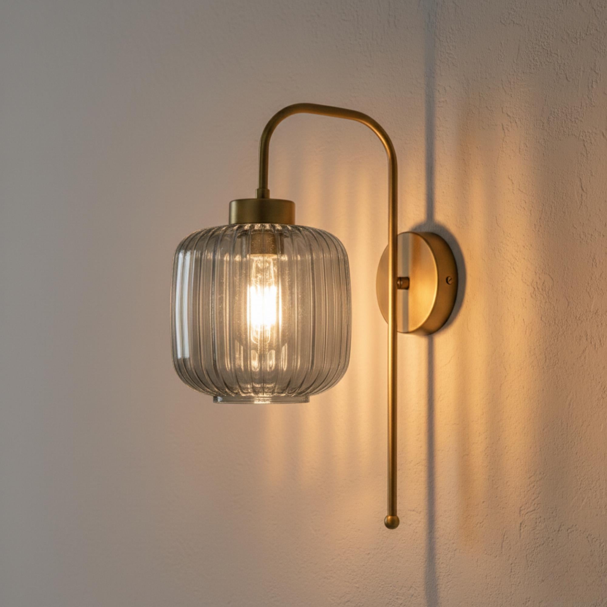 Modern Ribbed Glass Wall Sconce, Gold Black Brass Chrome Finish, Smoke Amber Clear Glass, Bathroom Vanity Light, Industrial Bedside Lamp