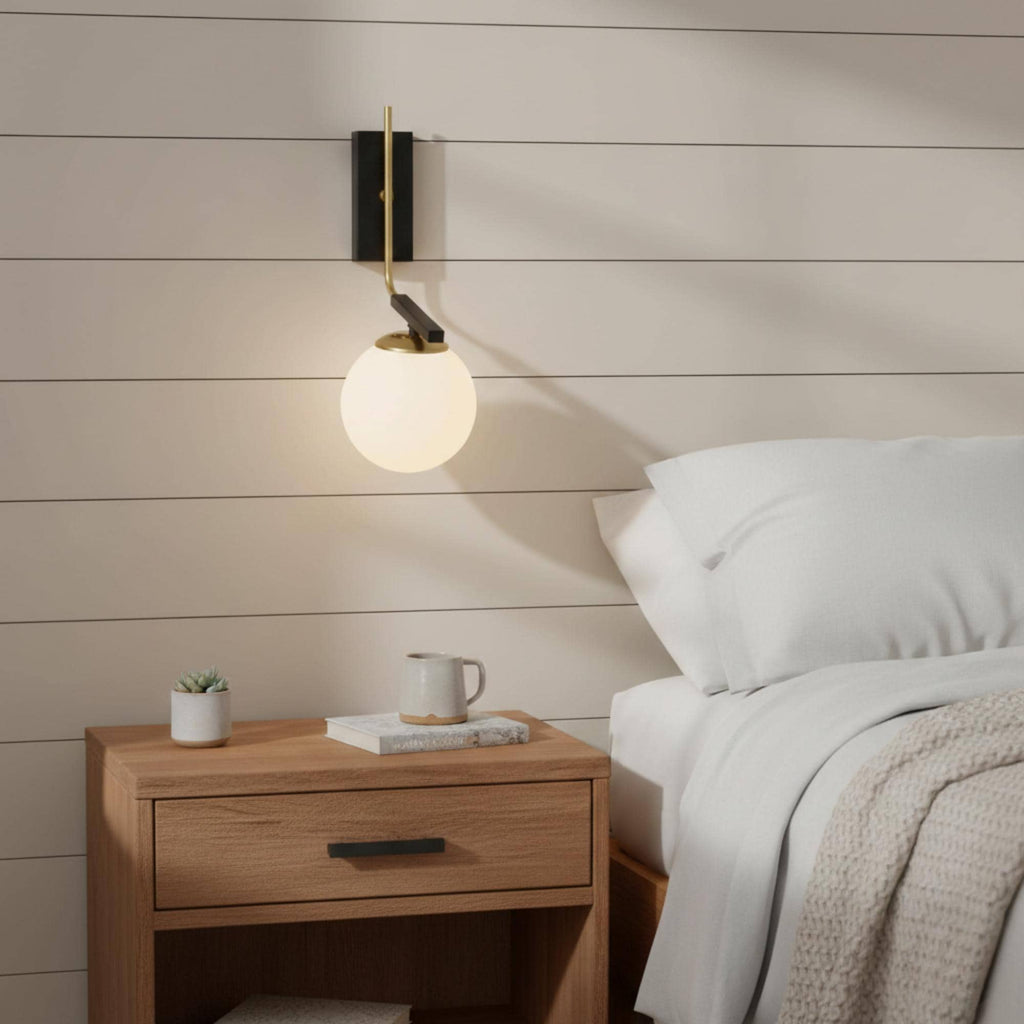 Modern Globe Wall Sconce Opal Glass, Hardwired or Plug-in Option, Vintage Industrial Bathroom Vanity Light