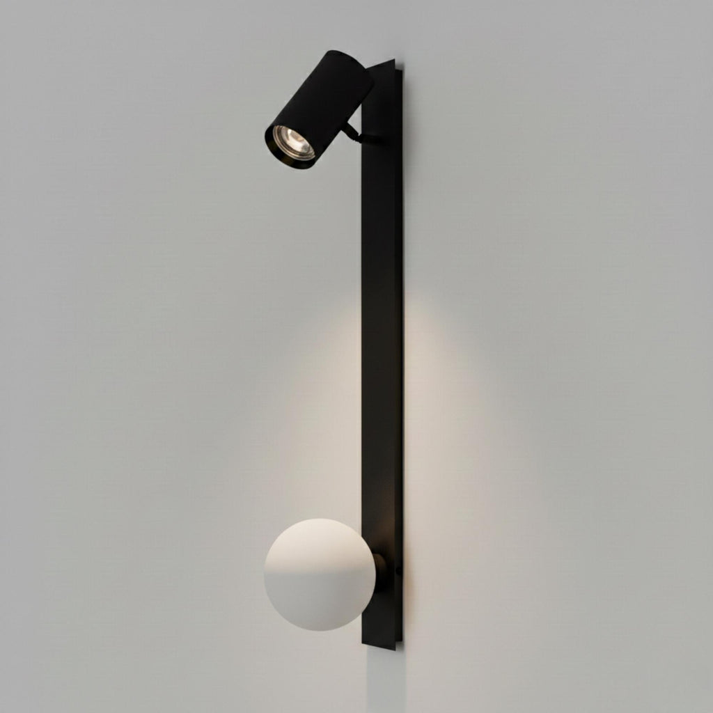Modern Black Wall Sconce with Opal Glass Globe – Adjustable Spotlight Wall Light – Minimalist Bedroom Wall Sconce Light